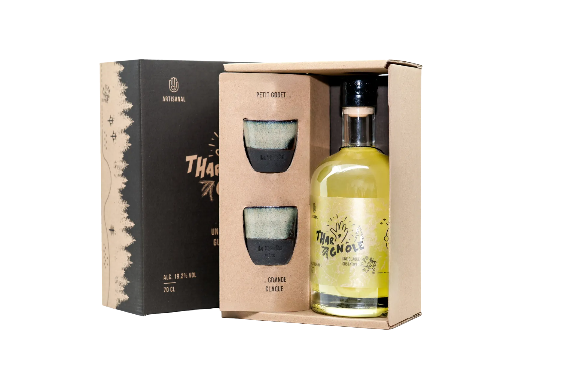 [2-001] Coffret THAr'gnôle 1*70cl + 2 petits verres en terre cuite